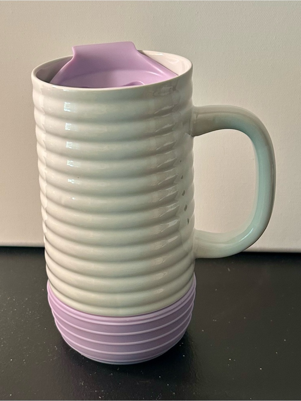 Crofton Ribbed Ceramic Travel Mug with Lavender Silicone Lid & Base